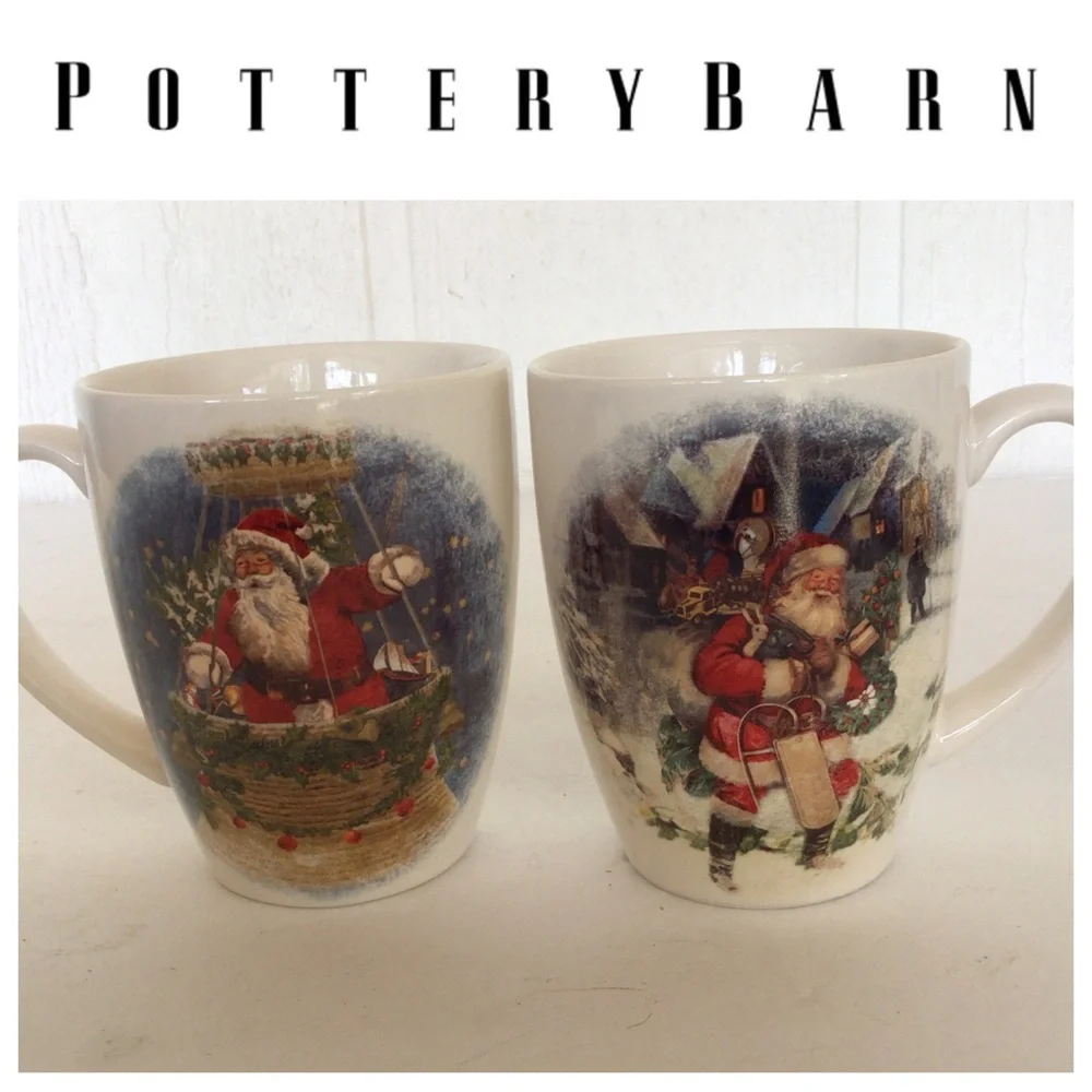 POTTERY BARN SET OF TWO NOSTALGIC SANTA MUGS